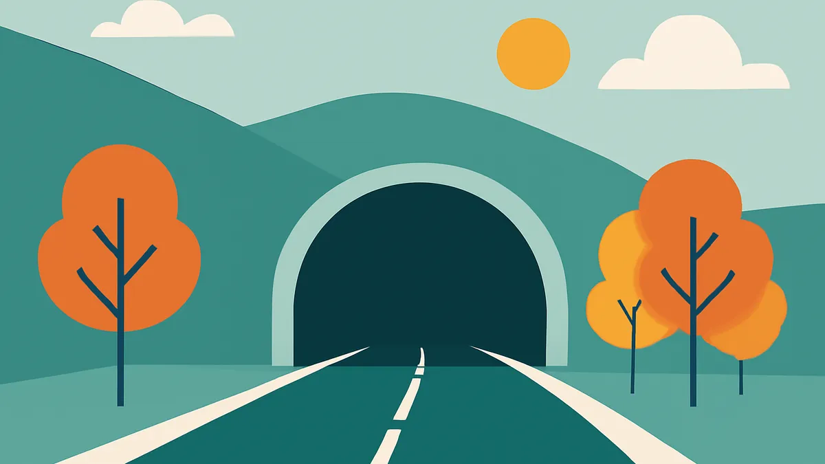 A road leading into a tunnel, flanked by hills and trees under a sky with a sun and clouds
