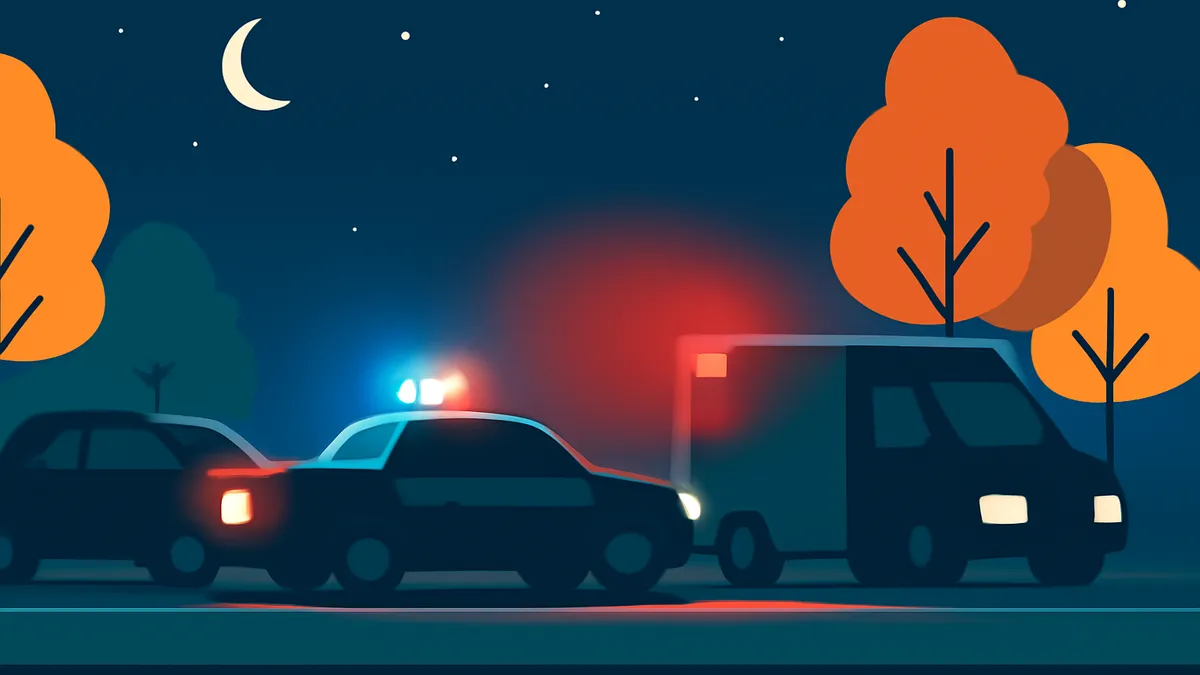 A police car with flashing lights, a sedan, and a van with a trailer on a road at night under a crescent moon