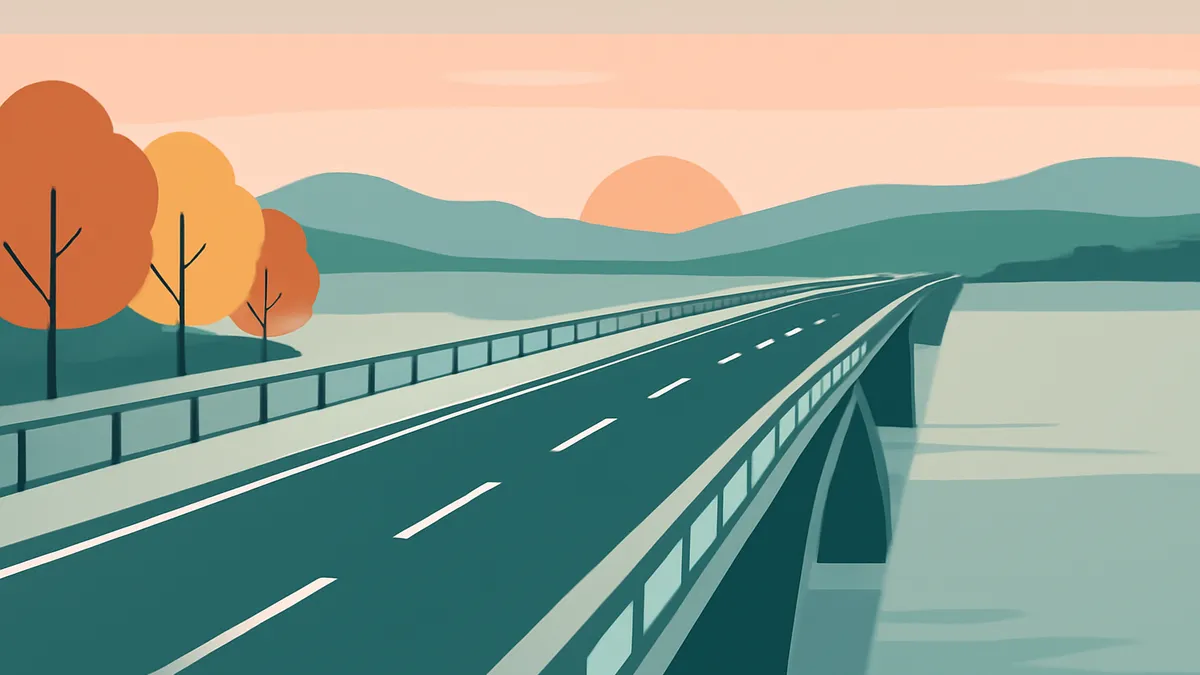 A highway bridge over water with trees on the left and mountains in the background at sunset in a flat illustration style