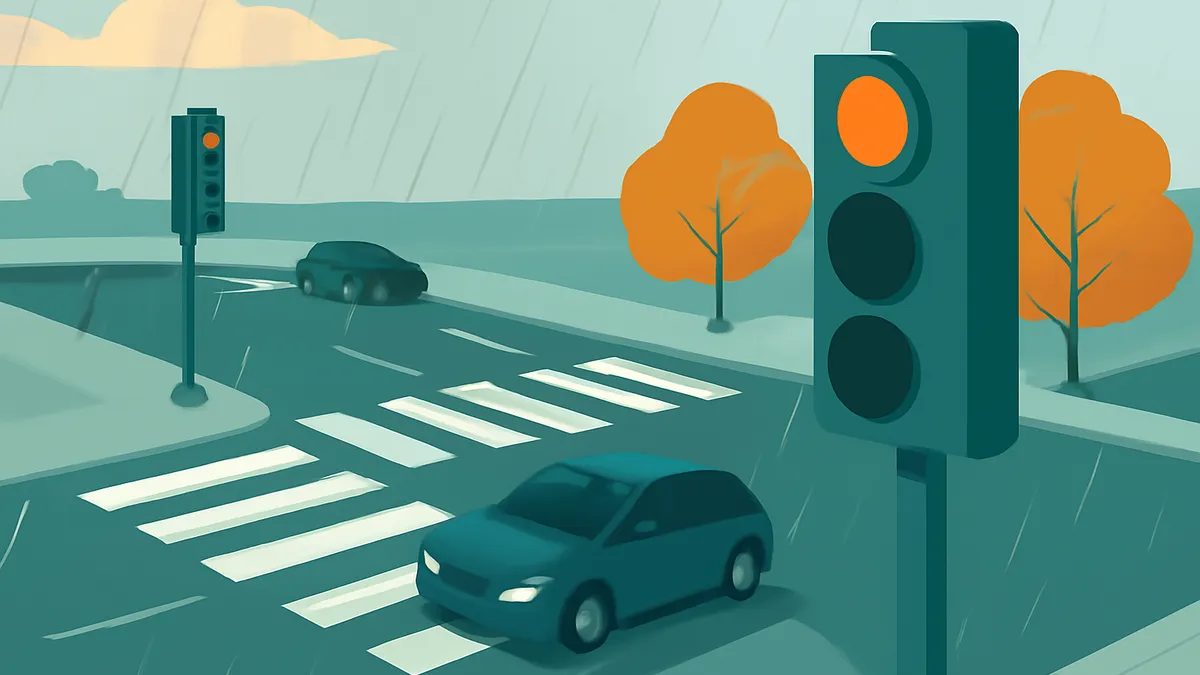 Two cars at a rainy intersection with traffic lights and a crosswalk, in a flat, illustrative style