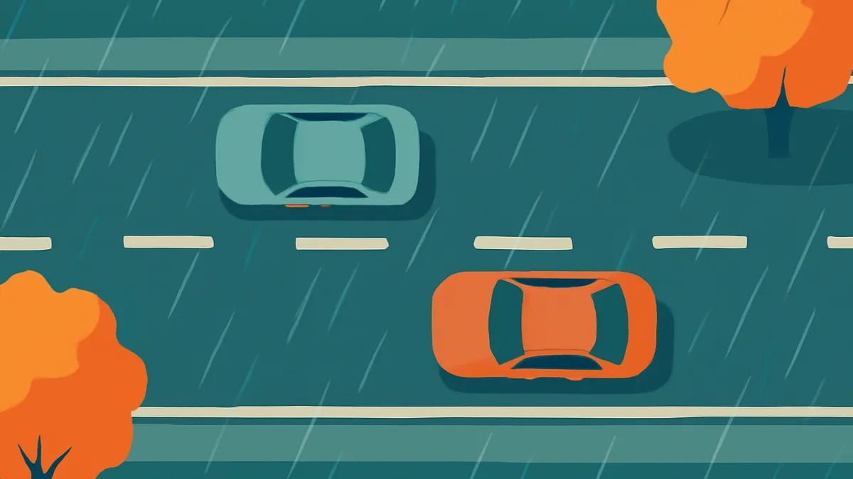 An overhead view of two cars, one teal and one orange, driving on a rainy road with autumn trees