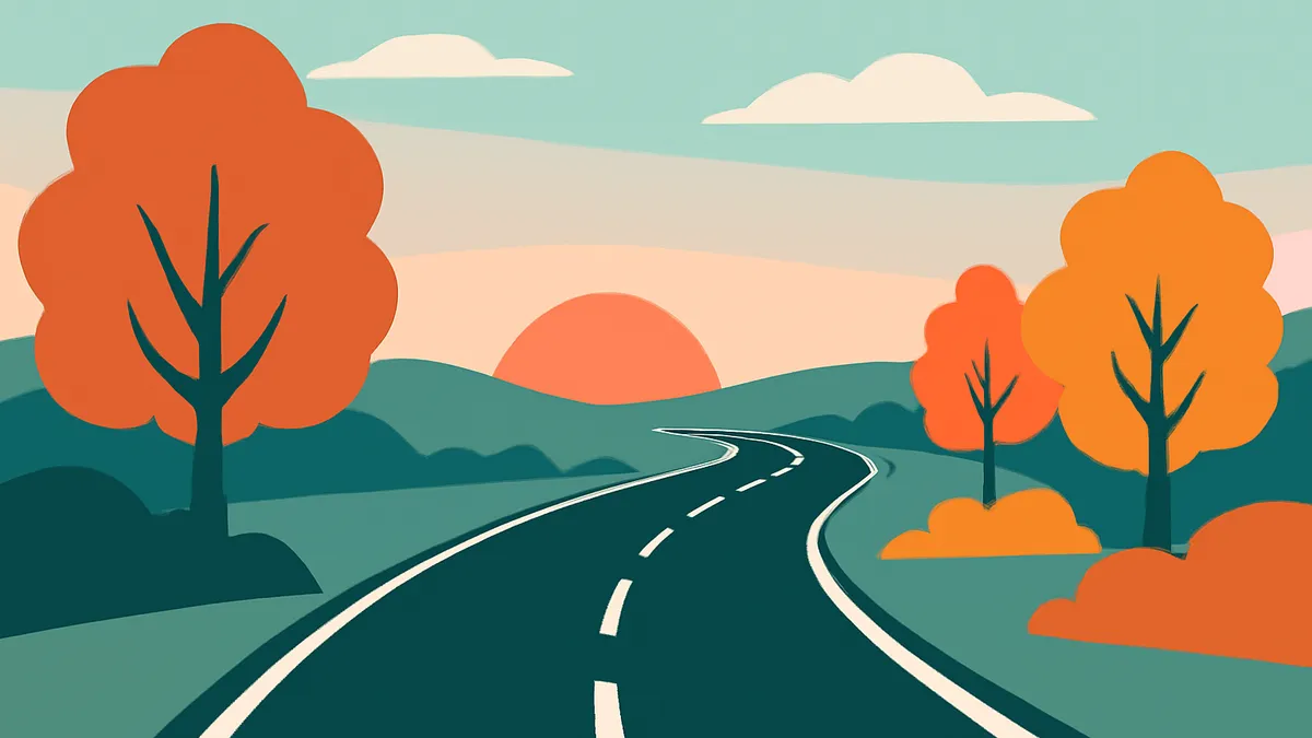 A winding road through a landscape with orange trees and green hills under a sky with a setting sun