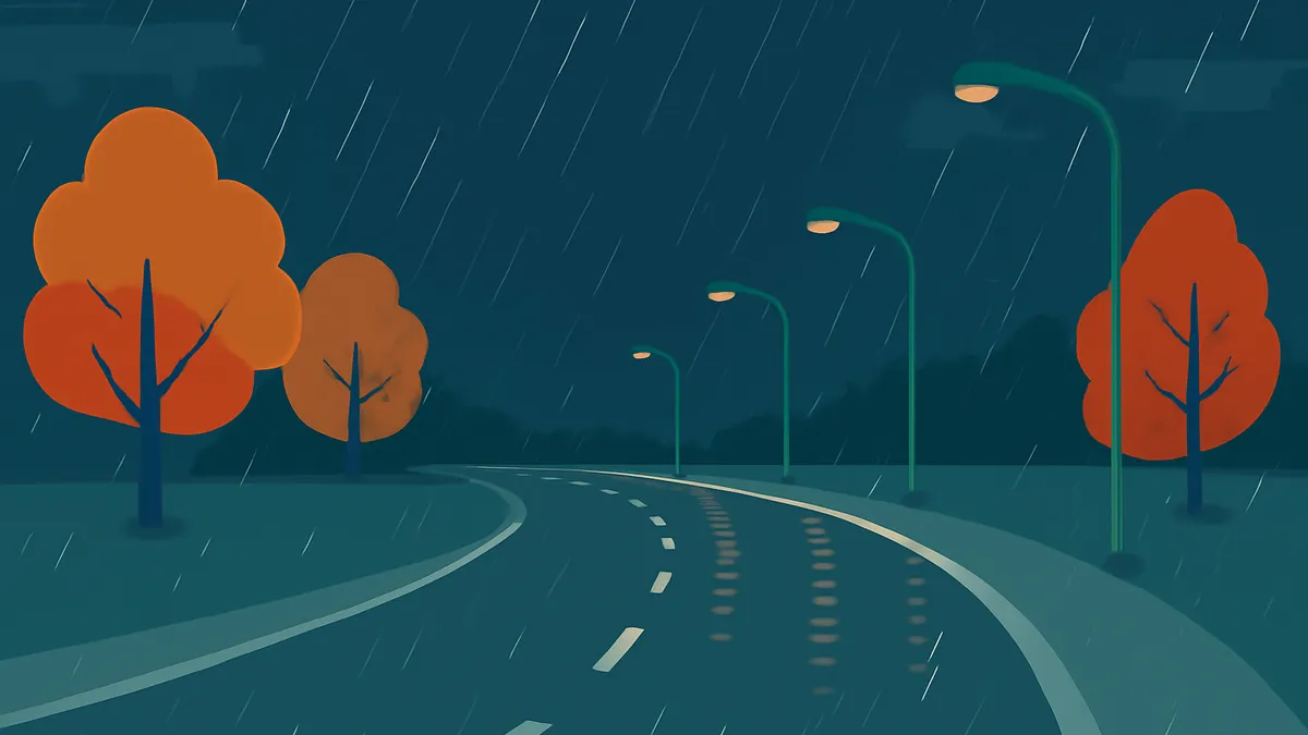 A winding road with streetlights and trees on a rainy night in a flat, illustrative style