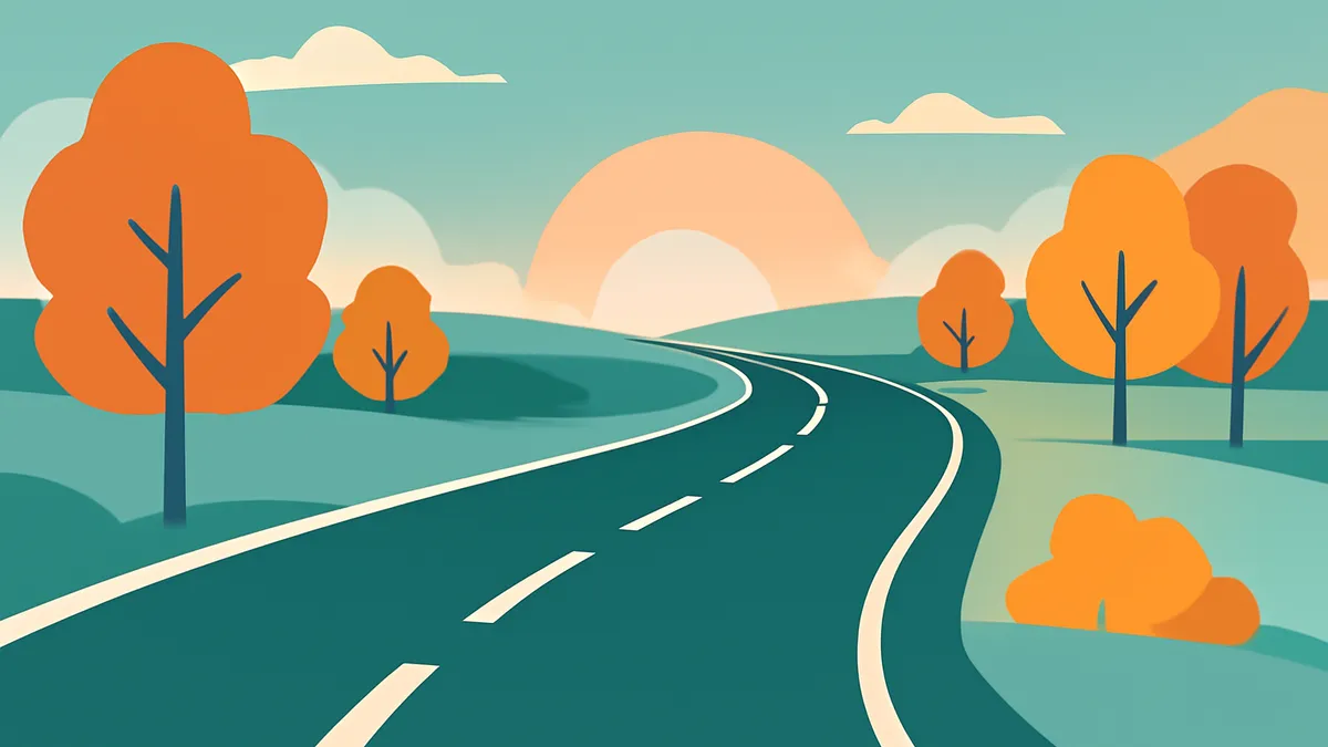 A winding road through a landscape with orange trees and green hills under a light blue sky with a setting sun
