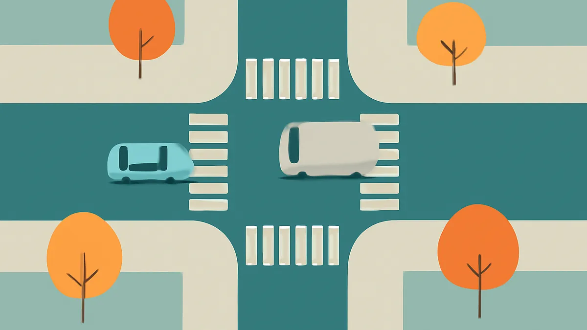 An overhead view of a teal intersection with two cars, one blue and one white, and four orange trees