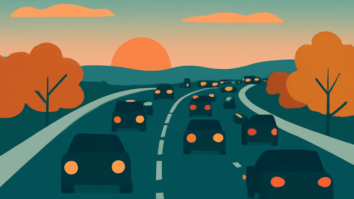 A highway scene at sunset with many cars driving in both directions, surrounded by trees and hills