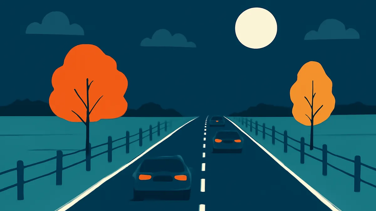 Three cars driving on a dark road at night, with two trees and a full moon in the sky