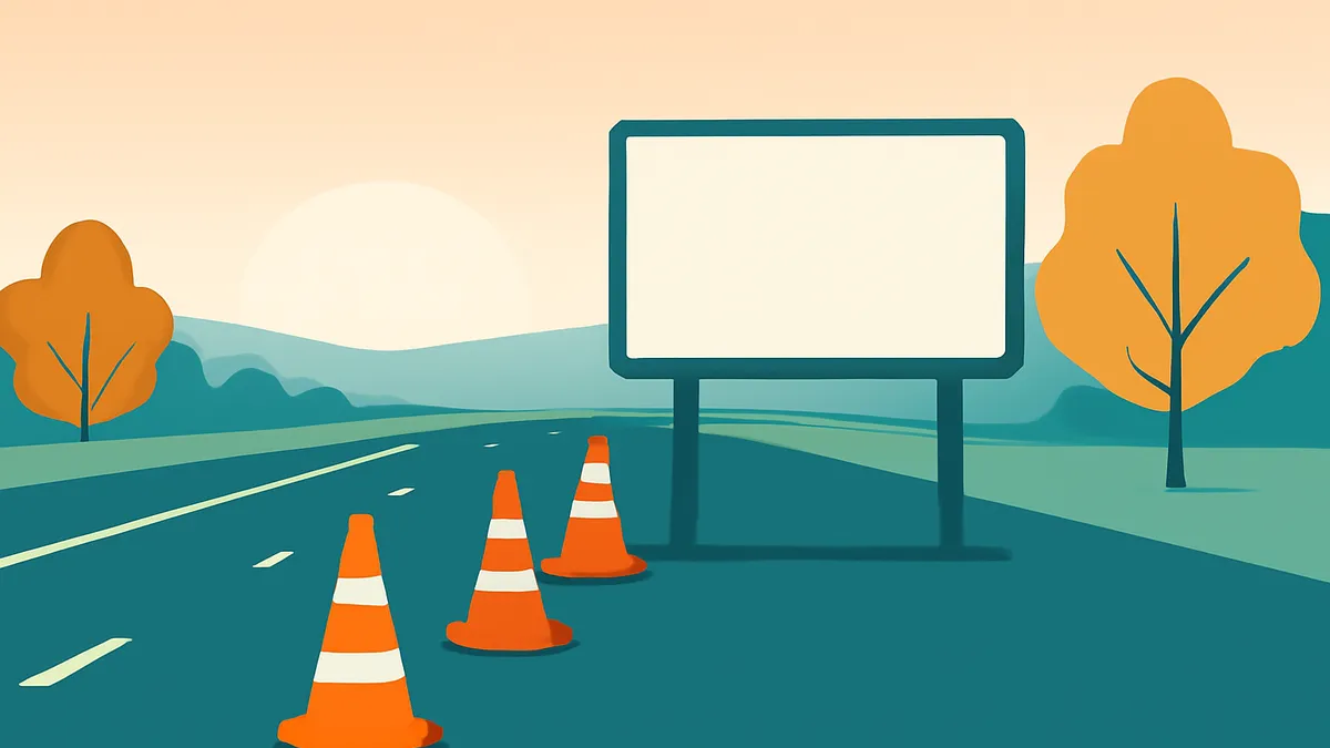 A highway scene with three orange traffic cones in the foreground and a blank billboard on the right
