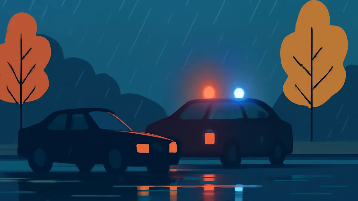 Two cars, one a police car with flashing lights, on a wet road at night with trees in the background