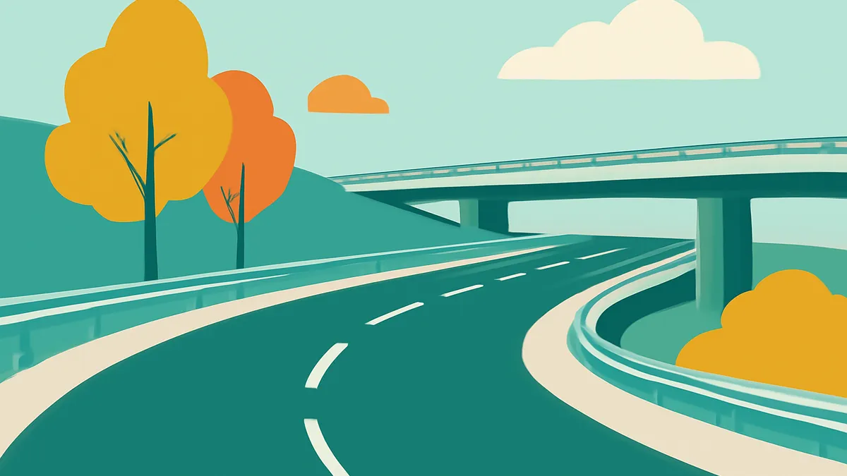 A highway with an overpass, trees, and clouds in a flat, stylized illustration with teal, orange, and cream colors