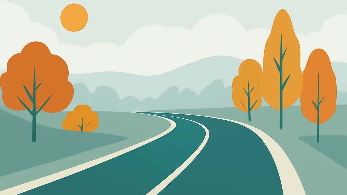 A winding road through a landscape with orange trees and a sun in the sky, in a flat illustration style