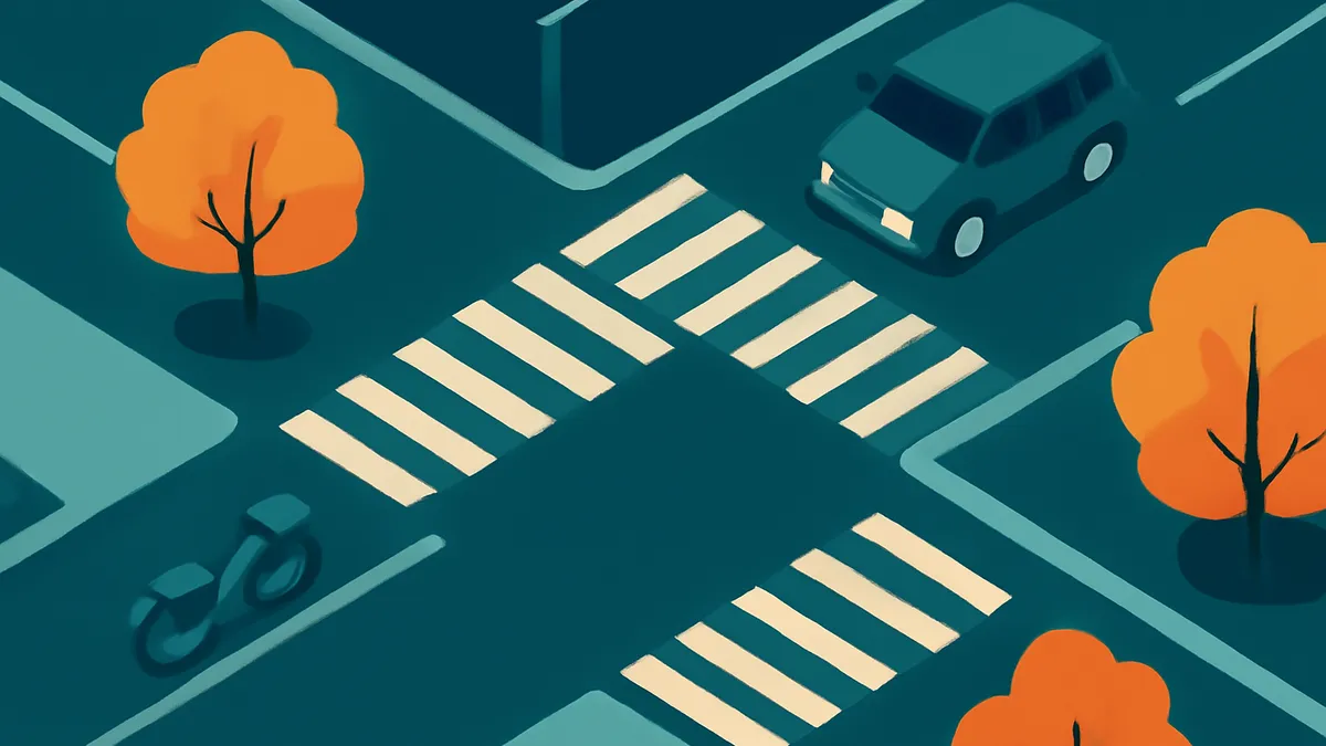 An overhead view of a teal street intersection with white crosswalks, a teal car, a teal bicycle, and orange trees