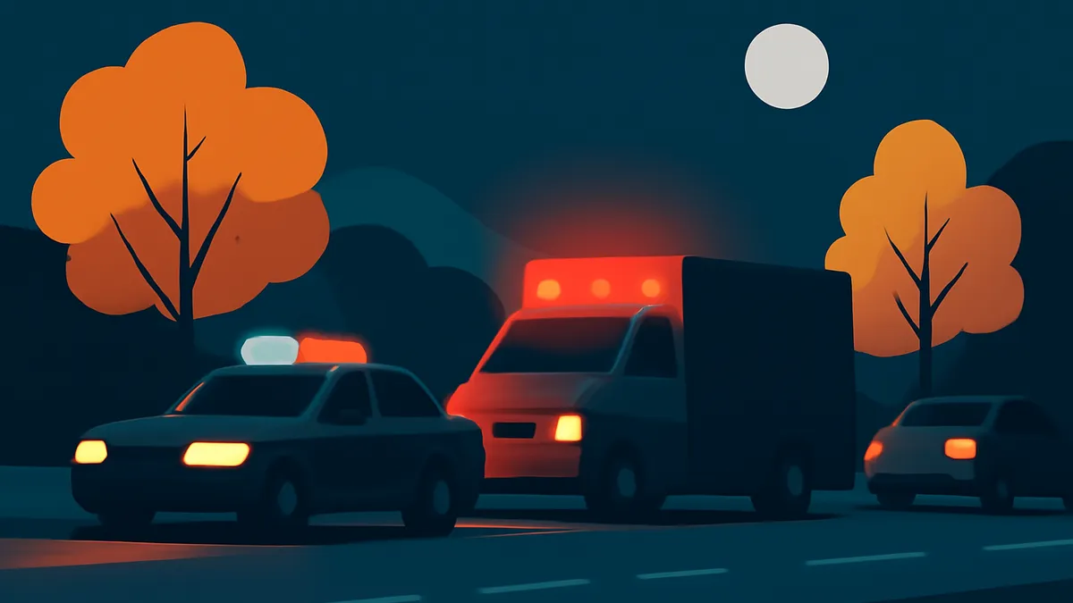 A police car and an ambulance with flashing lights on a dark road at night, with a full moon and orange trees