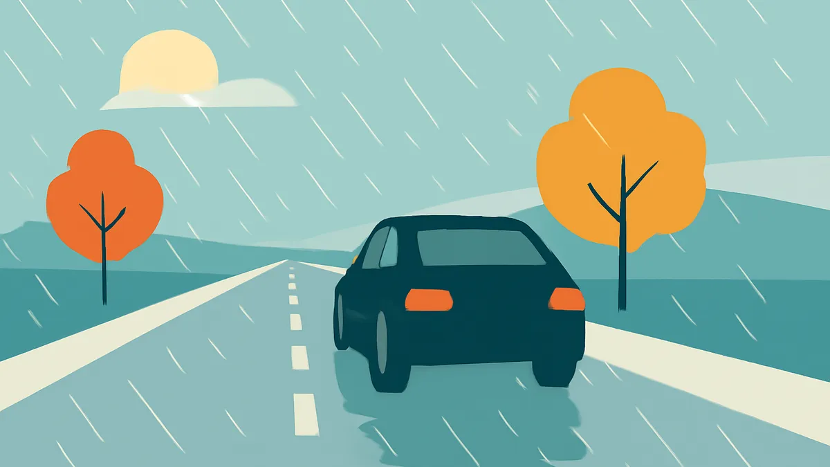 A black car drives away on a wet road with two trees and a sun in the background, with rain falling