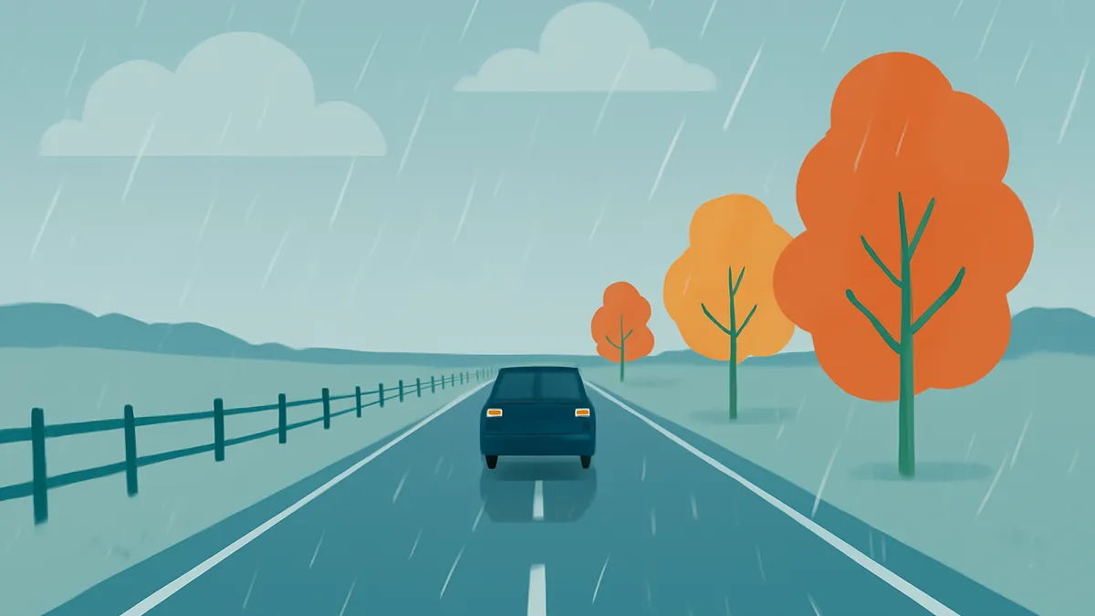 A dark blue car drives away on a wet road under a rainy sky with orange trees and a fence on the sides