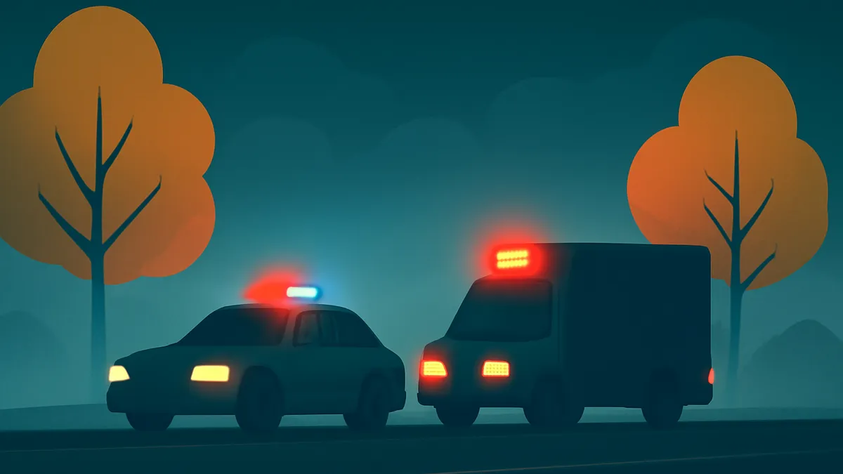 A police car and an ambulance with flashing lights on a dark road at night, with two trees in the background
