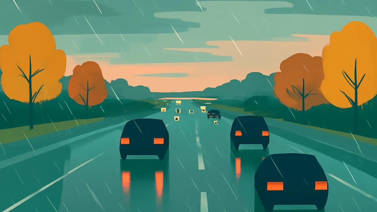 Cars on a wet highway in the rain with trees on the side of the road under a cloudy sky