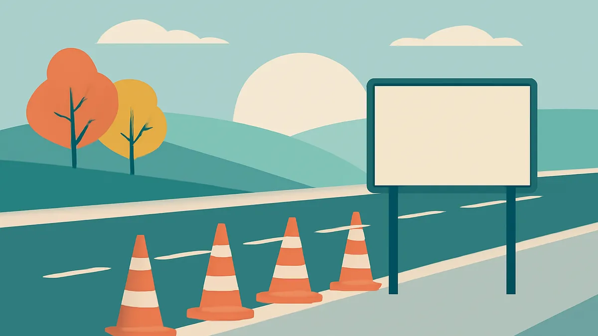 A highway scene with three orange traffic cones, a blank billboard, and trees under a blue sky with clouds