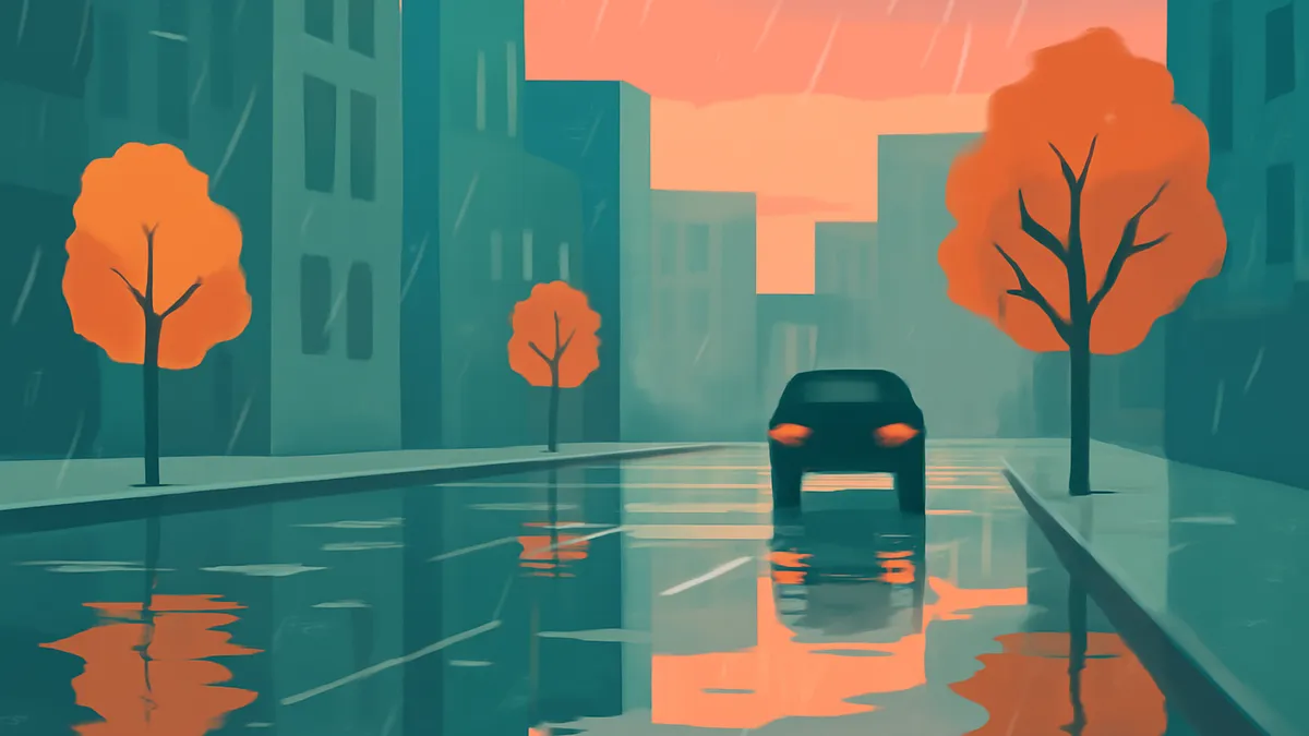 A dark car with glowing red taillights drives on a wet street in a city with orange trees and buildings under an orange sky
