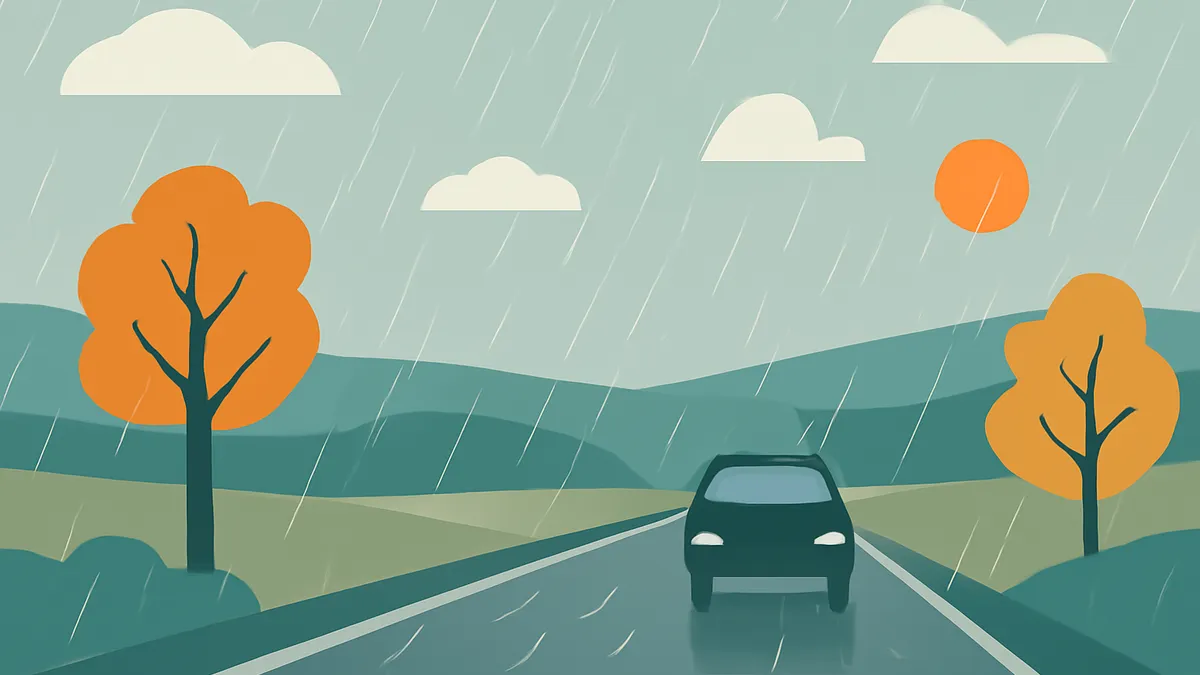 A dark car drives on a wet road under a rainy sky with orange trees and green hills