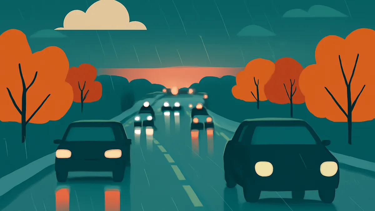 Cars driving on a wet road at dusk with orange trees and a cloudy sky