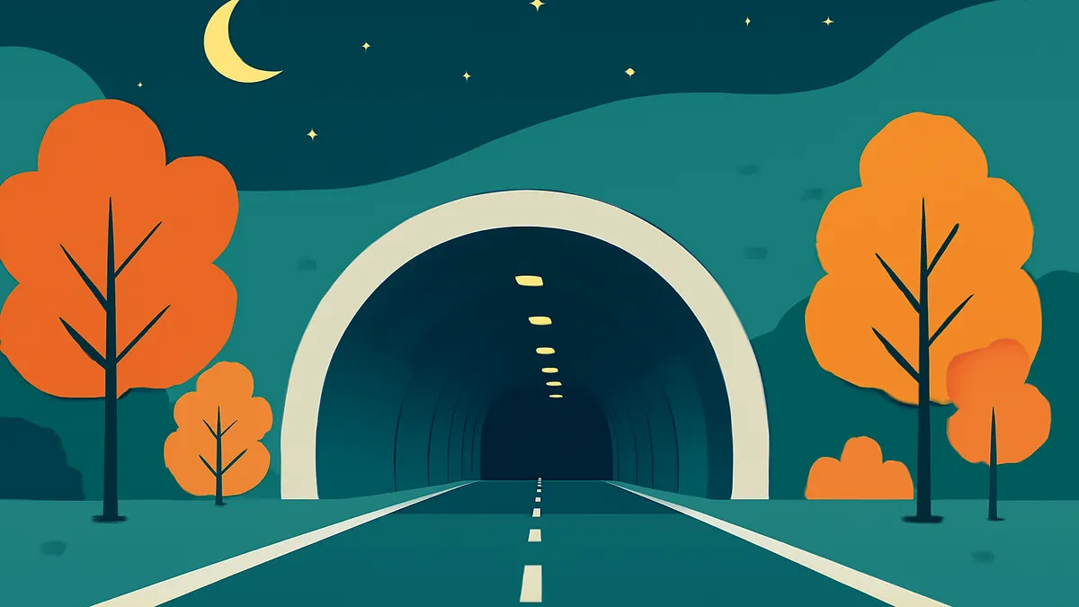 A road leading into a tunnel at night, flanked by orange trees under a dark sky with a crescent moon and stars