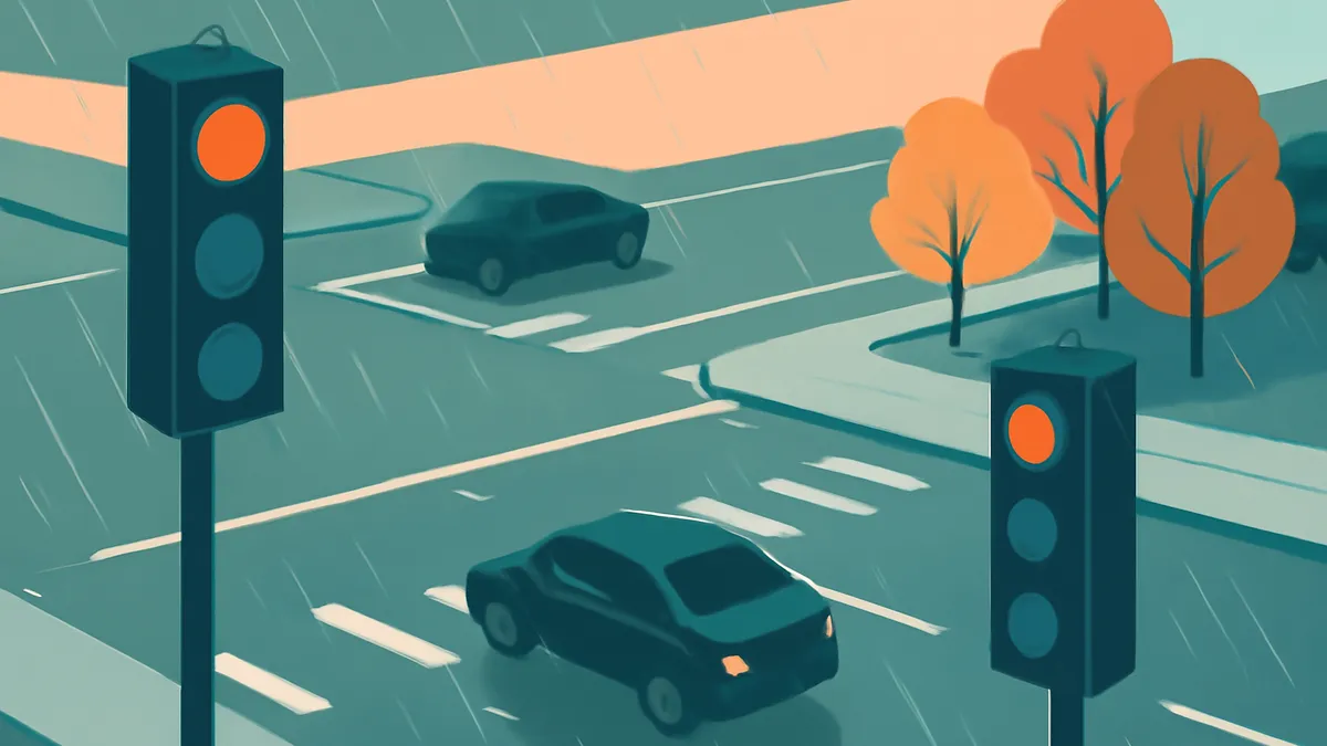 Two cars on a rainy street with traffic lights and trees in an illustrated style