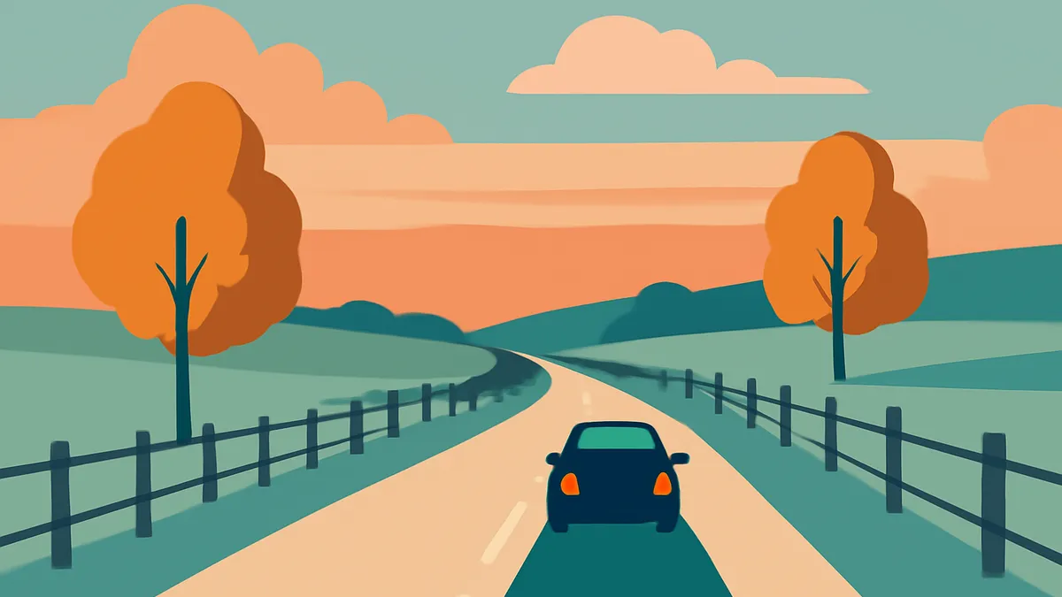 A dark car drives on a winding road through a green landscape with orange trees under an orange and blue sky