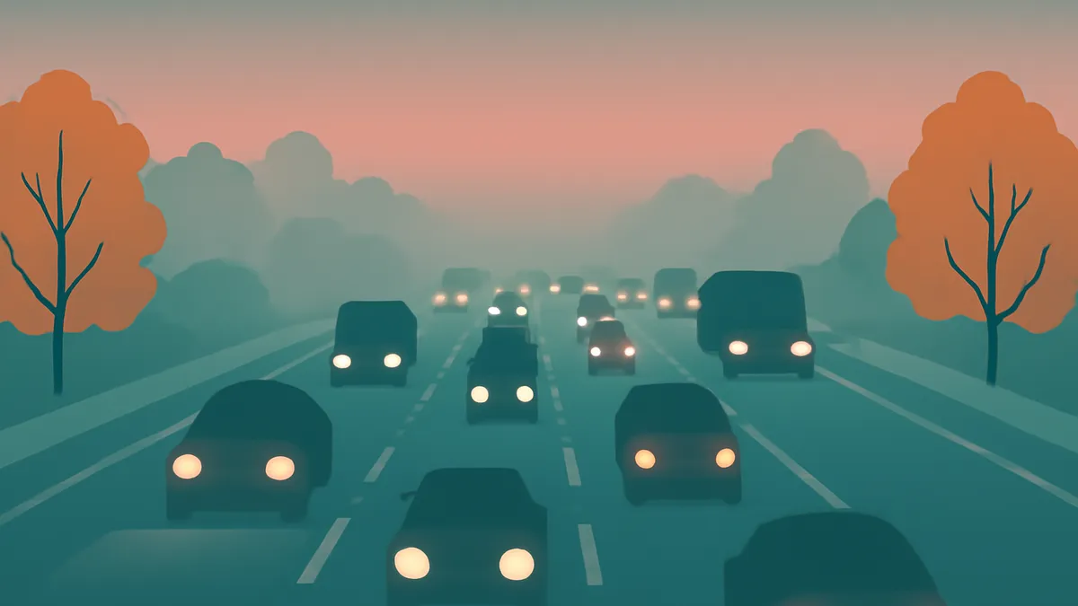 A highway scene with many cars driving in both directions, with trees on the sides, under a pink and teal sky