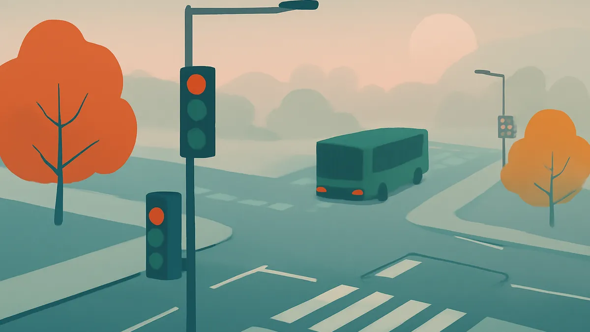 A green bus at an intersection with traffic lights and trees under a hazy sky