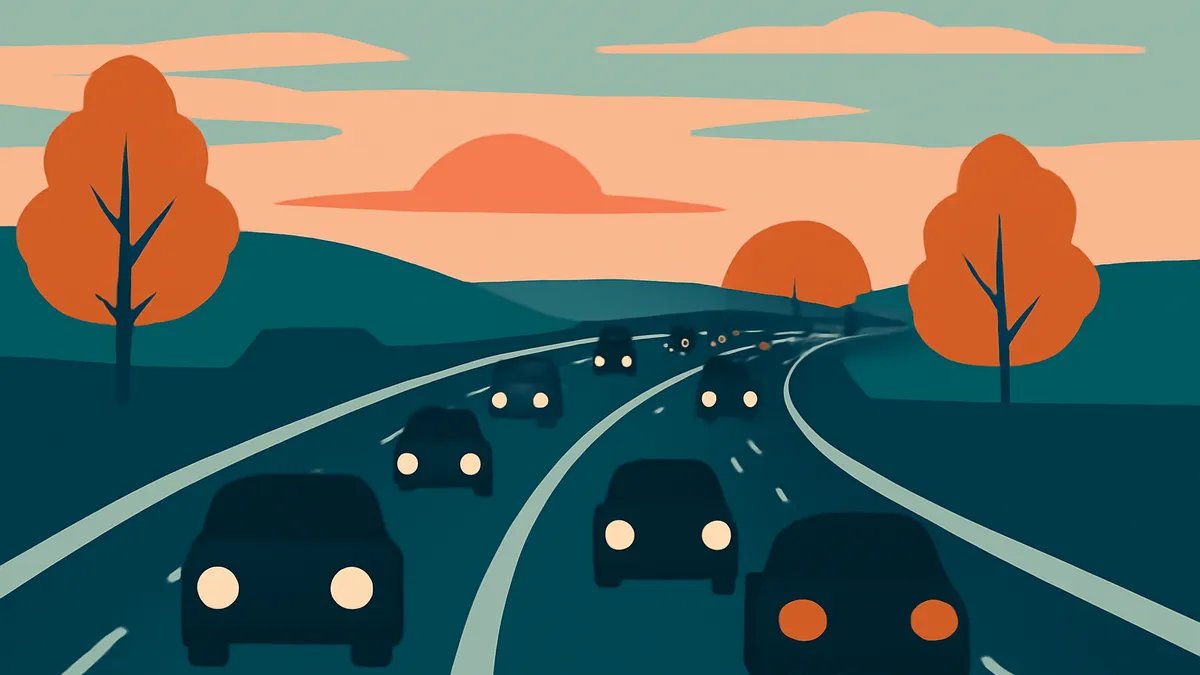 A highway scene at dusk with multiple cars, trees, and hills in a flat, stylized art style