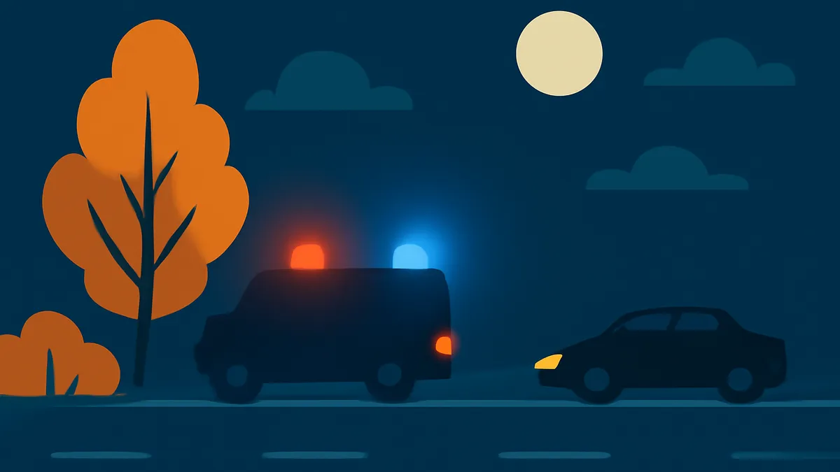 A police van with flashing lights and a car on a road at night, with trees and a moon in the background