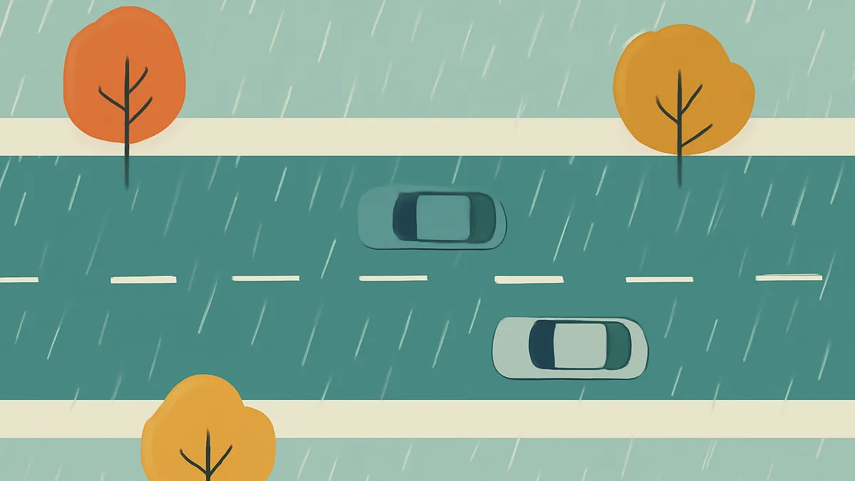 Two cars driving on a wet road with trees on the side, viewed from above, in a flat illustration style