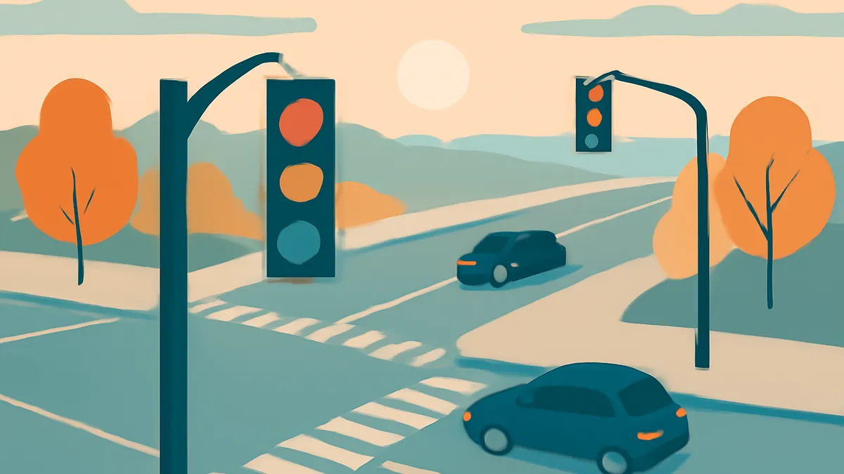 A road intersection with two cars, two traffic lights, and trees under a pale sky