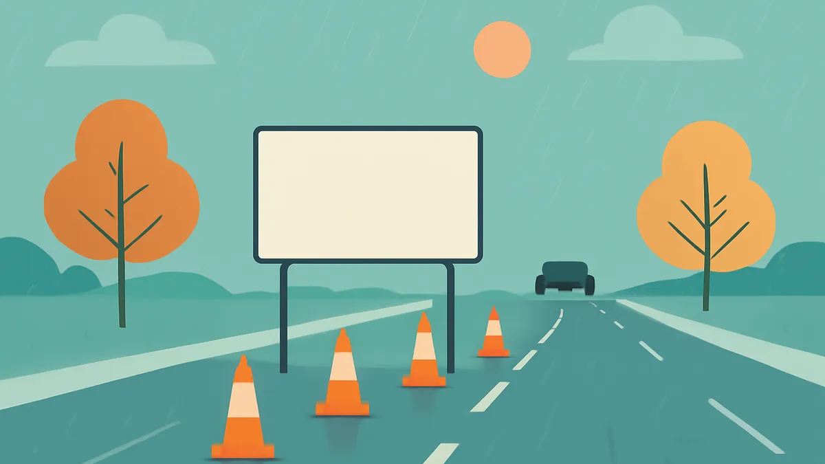A highway scene with a blank billboard, orange traffic cones, and a distant car under a cloudy sky