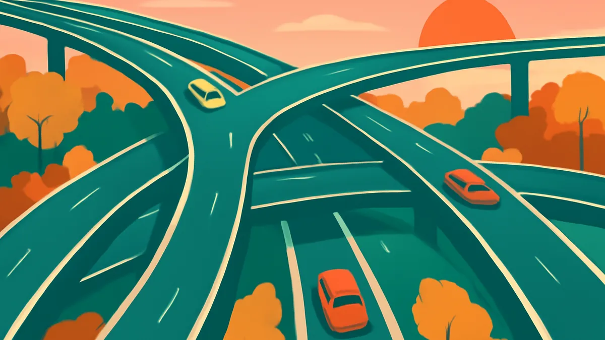 An overhead view of a highway interchange with multiple teal roads curving through an autumn landscape under an orange sky