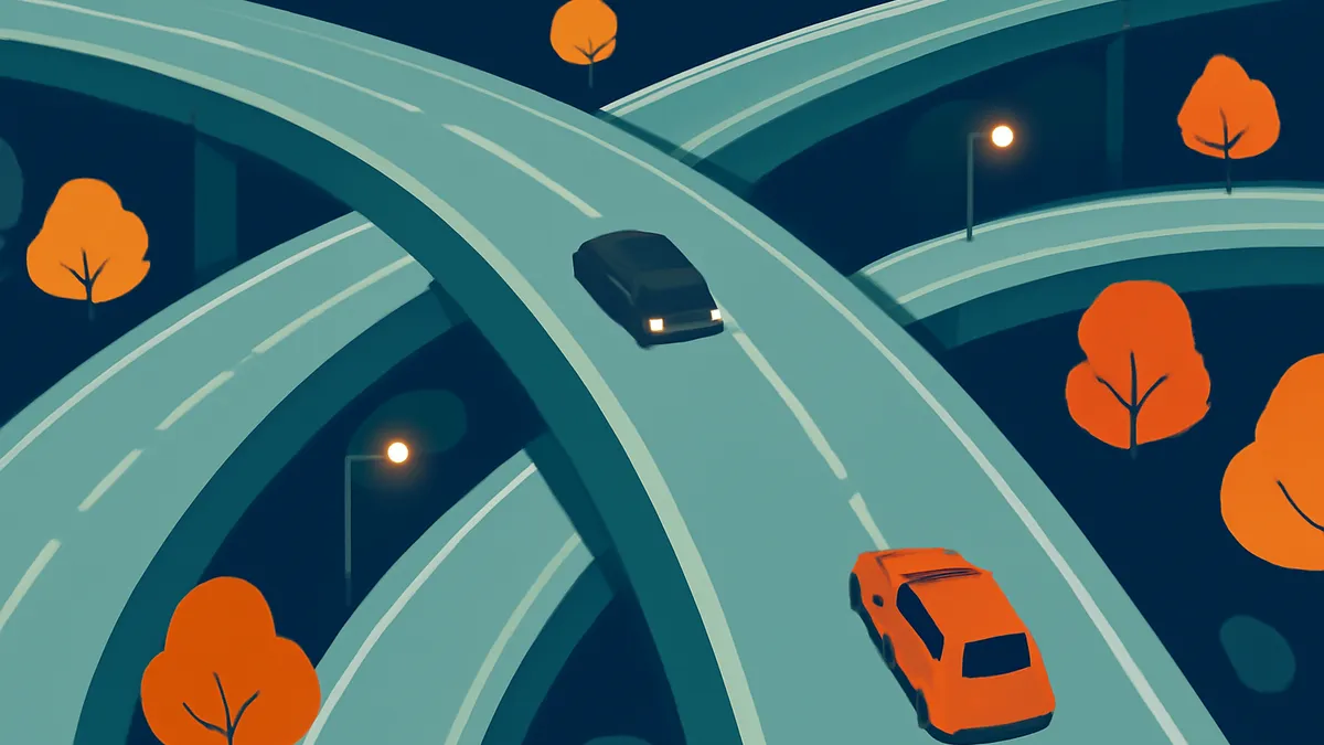 Two cars on an elevated highway interchange at night, with streetlights and orange trees