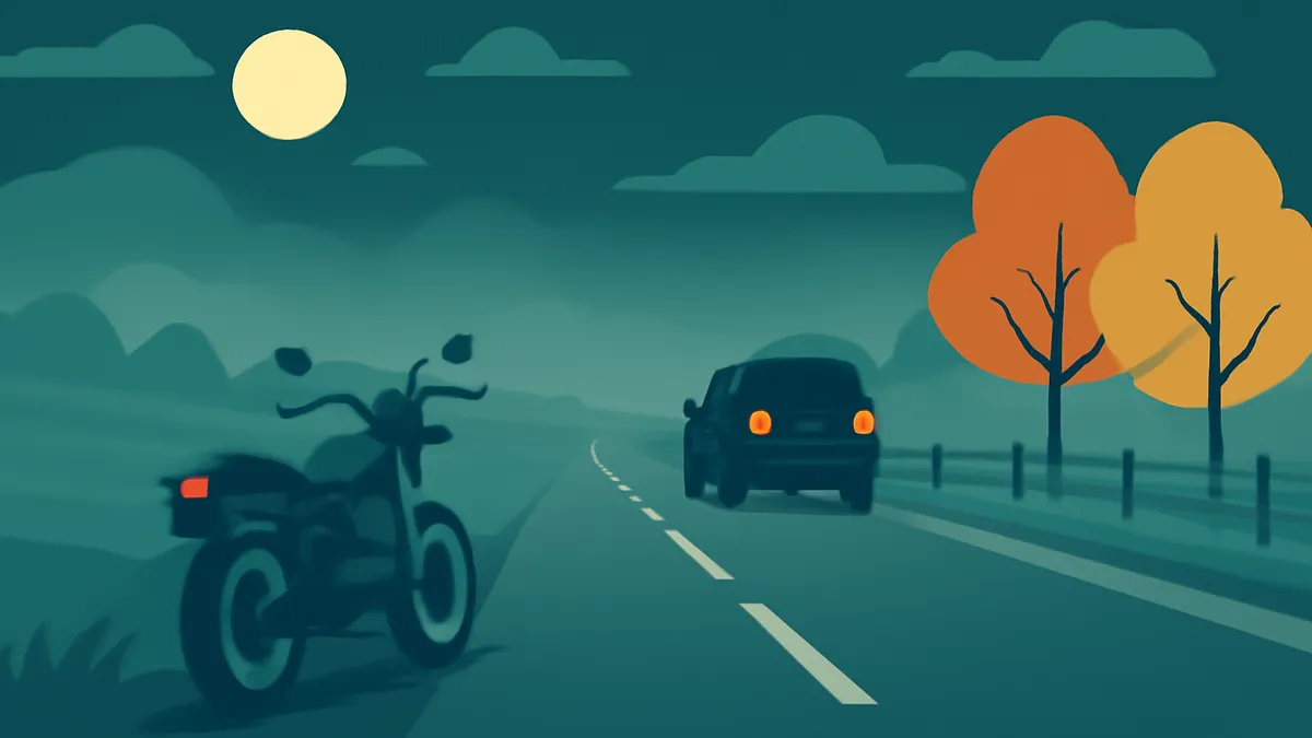 A motorcycle and a car on a road at night with a full moon and two orange trees