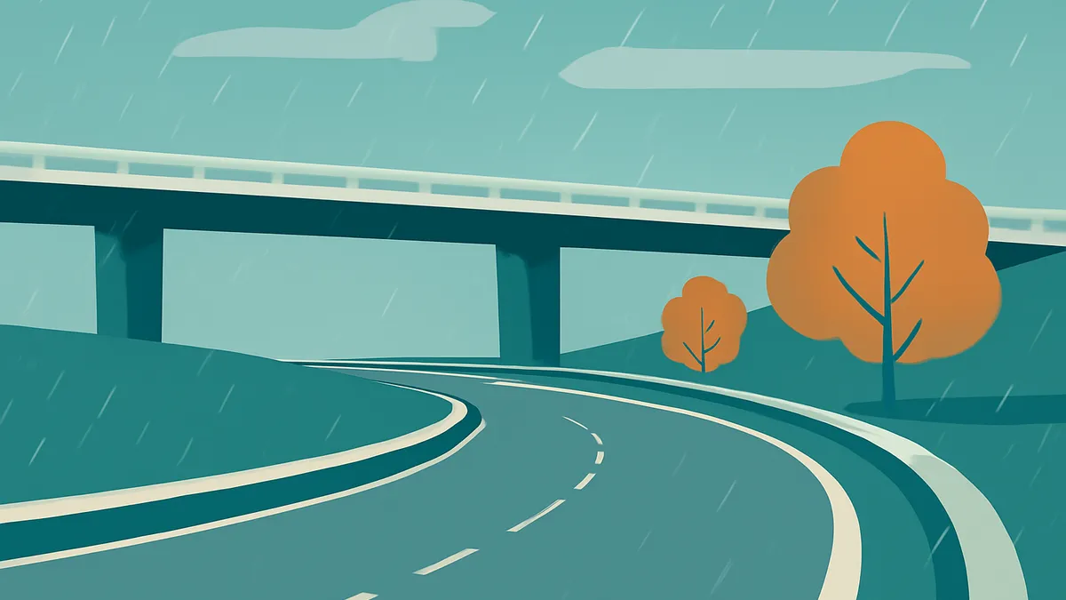 A winding road under an overpass with trees on the side, in a flat, stylized art style with rain falling