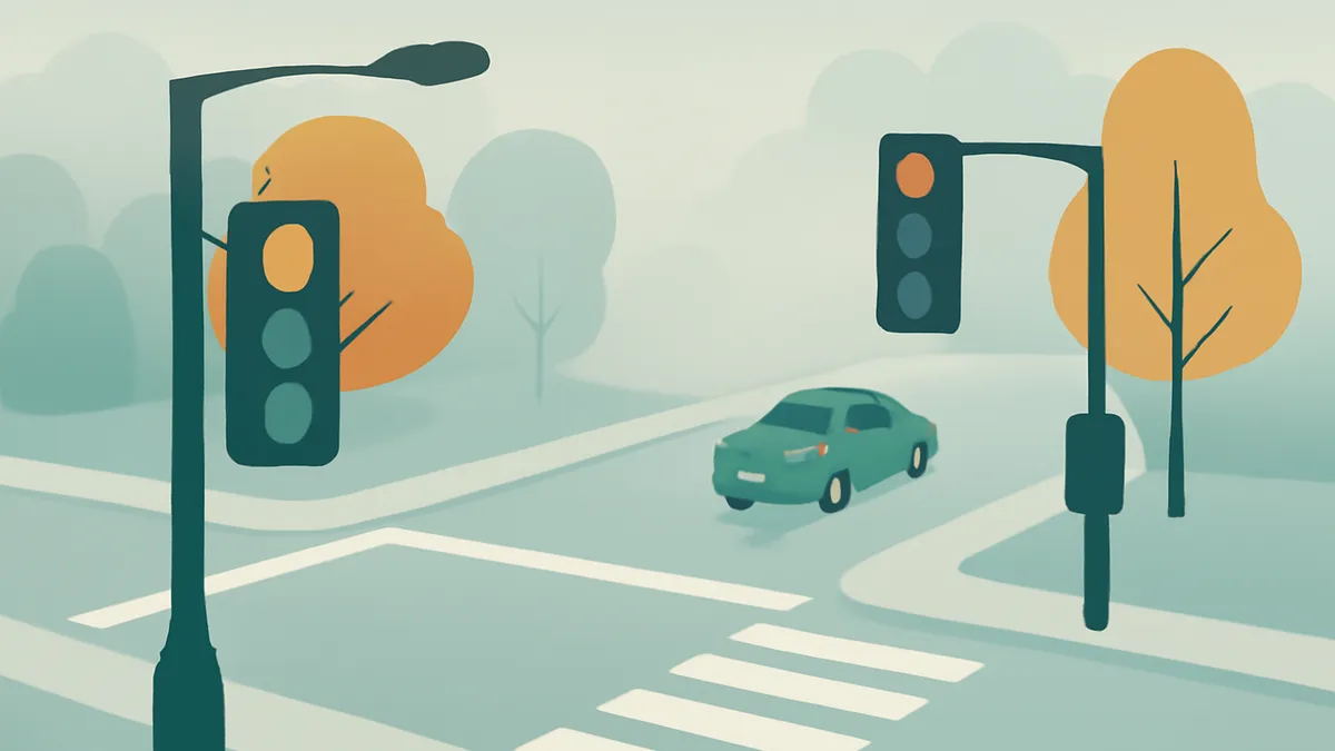 A teal car at an intersection with two traffic lights and a crosswalk, with orange trees in the background