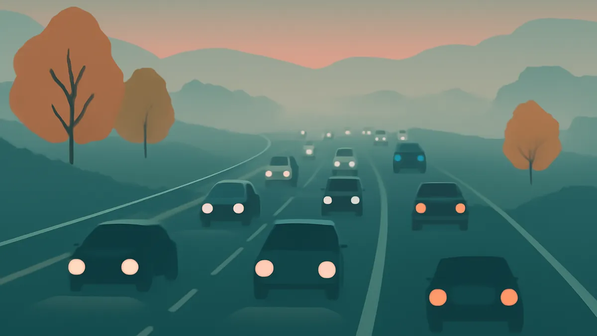Cars with headlights on drive on a multi-lane highway at dusk, with trees and mountains in the background