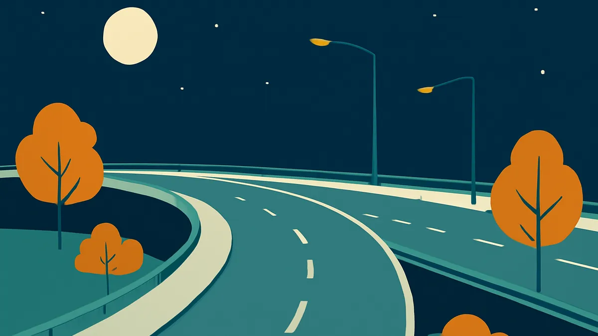 A highway with a curved overpass at night, with streetlights, trees, and a full moon in the sky