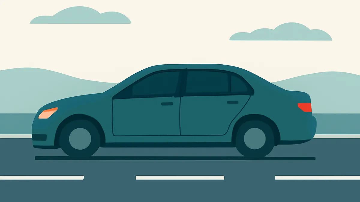 A teal sedan on a road with white lines, with teal hills and clouds in the background