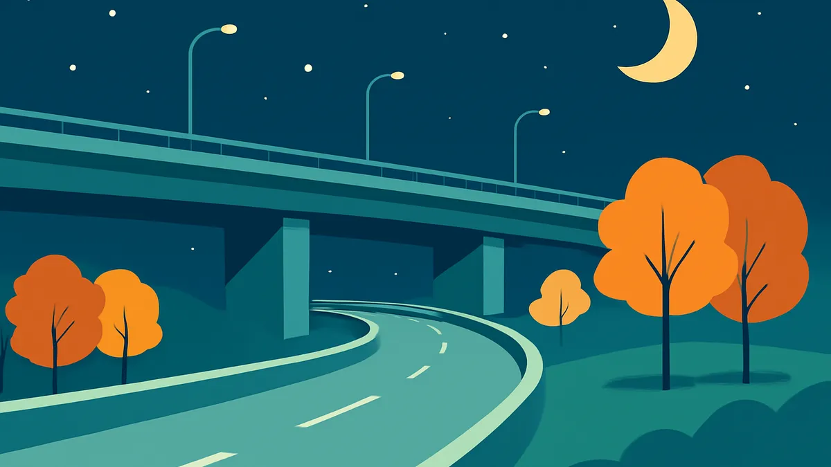 A highway underpass at night with a crescent moon and stars in the sky, and orange trees on the roadside
