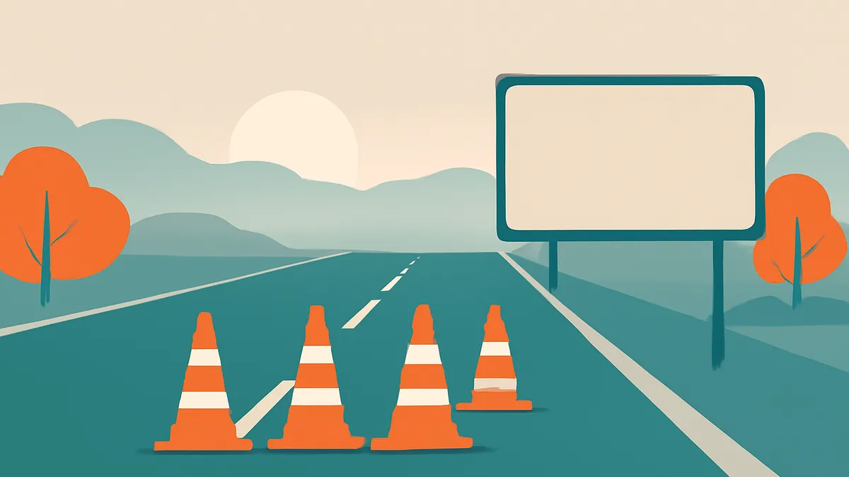 A highway with three orange traffic cones in the foreground and a blank billboard on the right, with mountains and a sun
