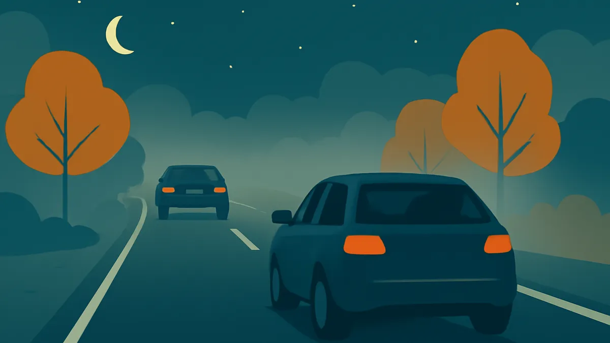 Two cars driving on a dark, winding road at night, with orange trees and a crescent moon in the sky