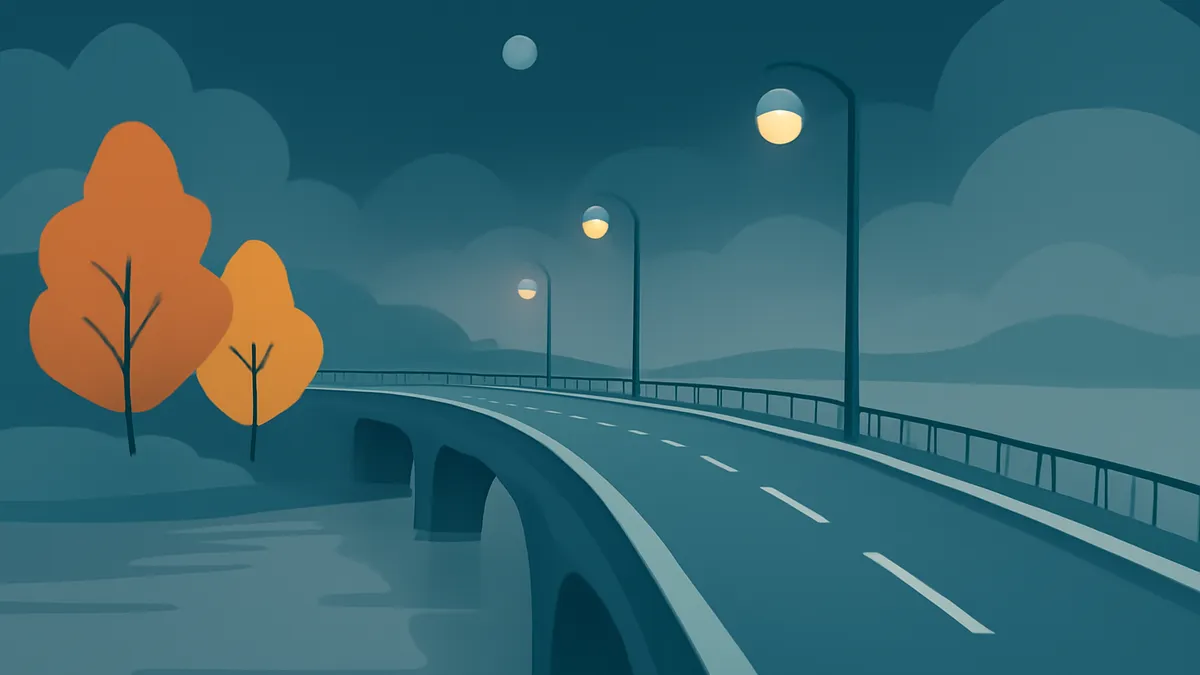 A bridge over water with streetlights and trees under a cloudy night sky in a flat, stylized illustration