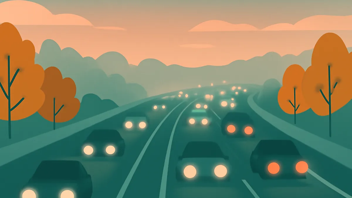 Cars with headlights on a multi-lane highway at dusk, with trees and hills in the background