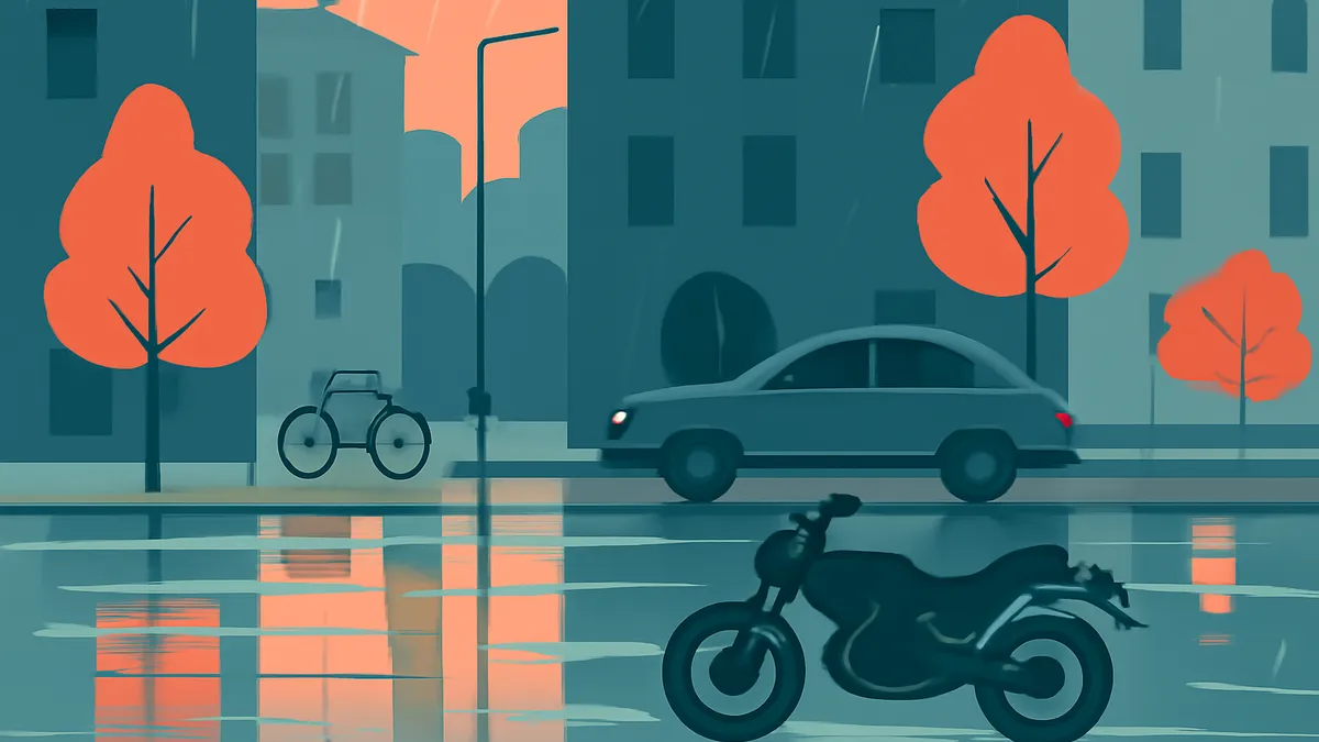A car, a bicycle, and a motorcycle on a wet street in a city with orange trees and buildings under an orange sky