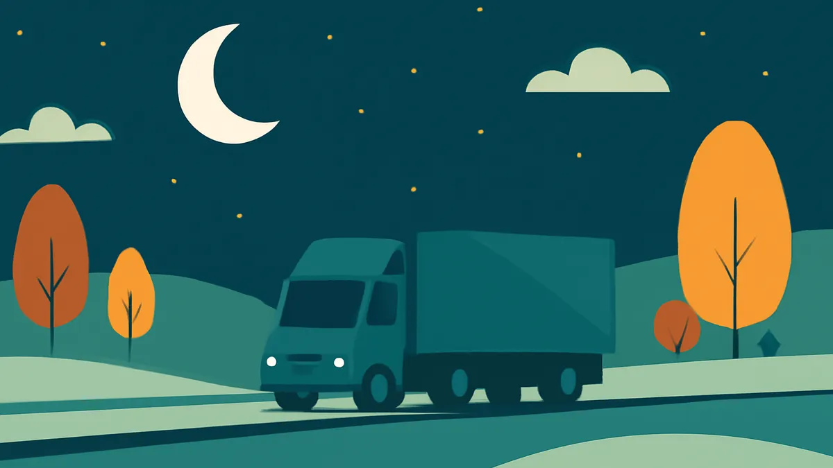 A teal delivery truck on a road at night, with orange trees and a crescent moon in the sky